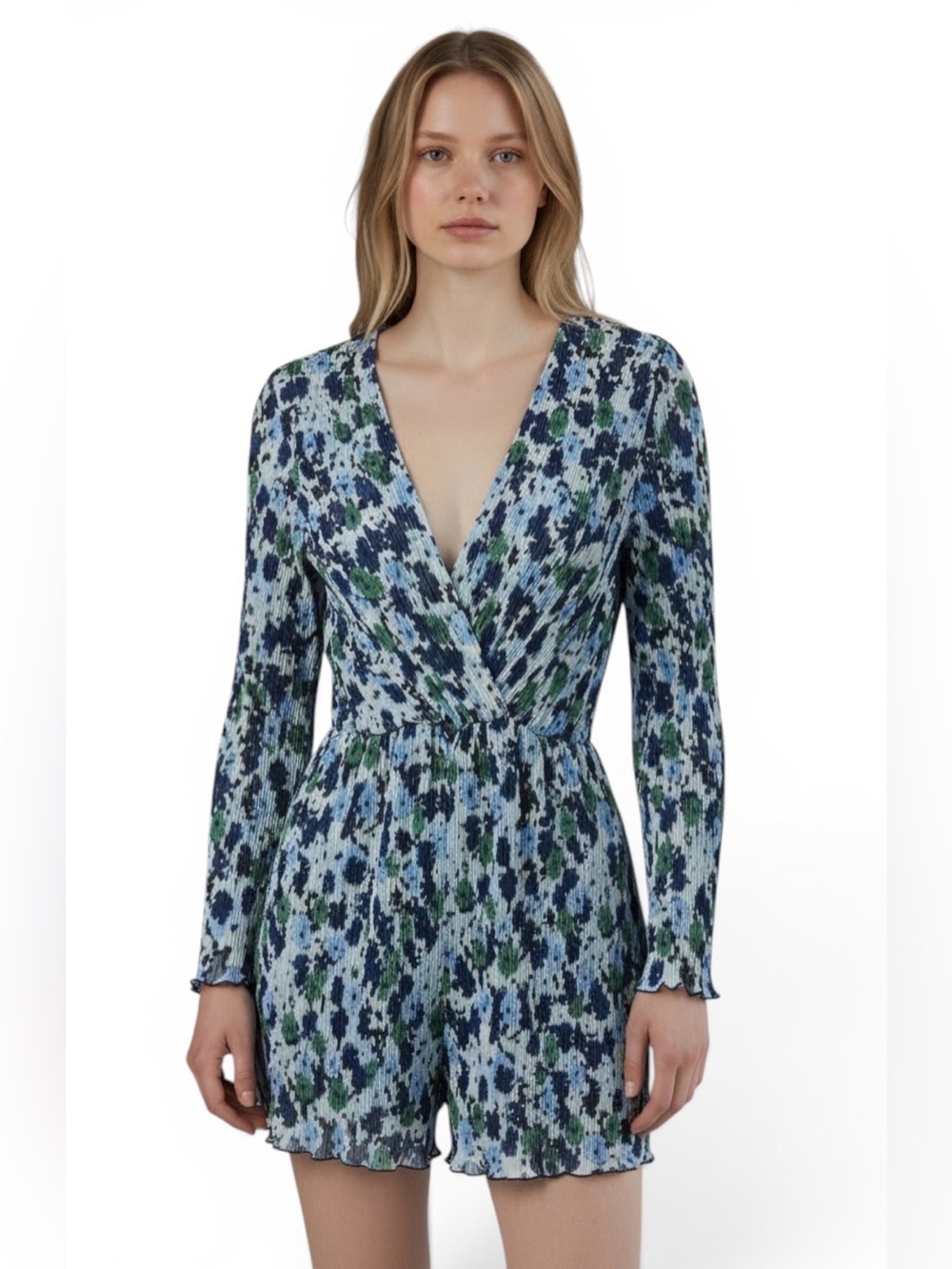 Zara Blue, Navy and Green Printed V-Neck Long-Sleeve Romper size XS